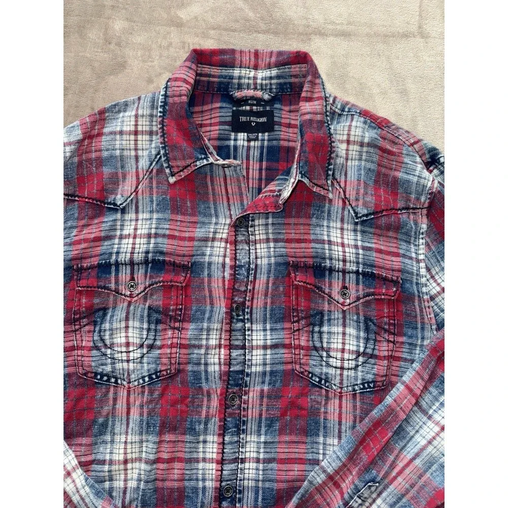 True Religion Men's Plaid Shirt Slim Fit Long Sleeve Red Blue Western Size‎ 2XL